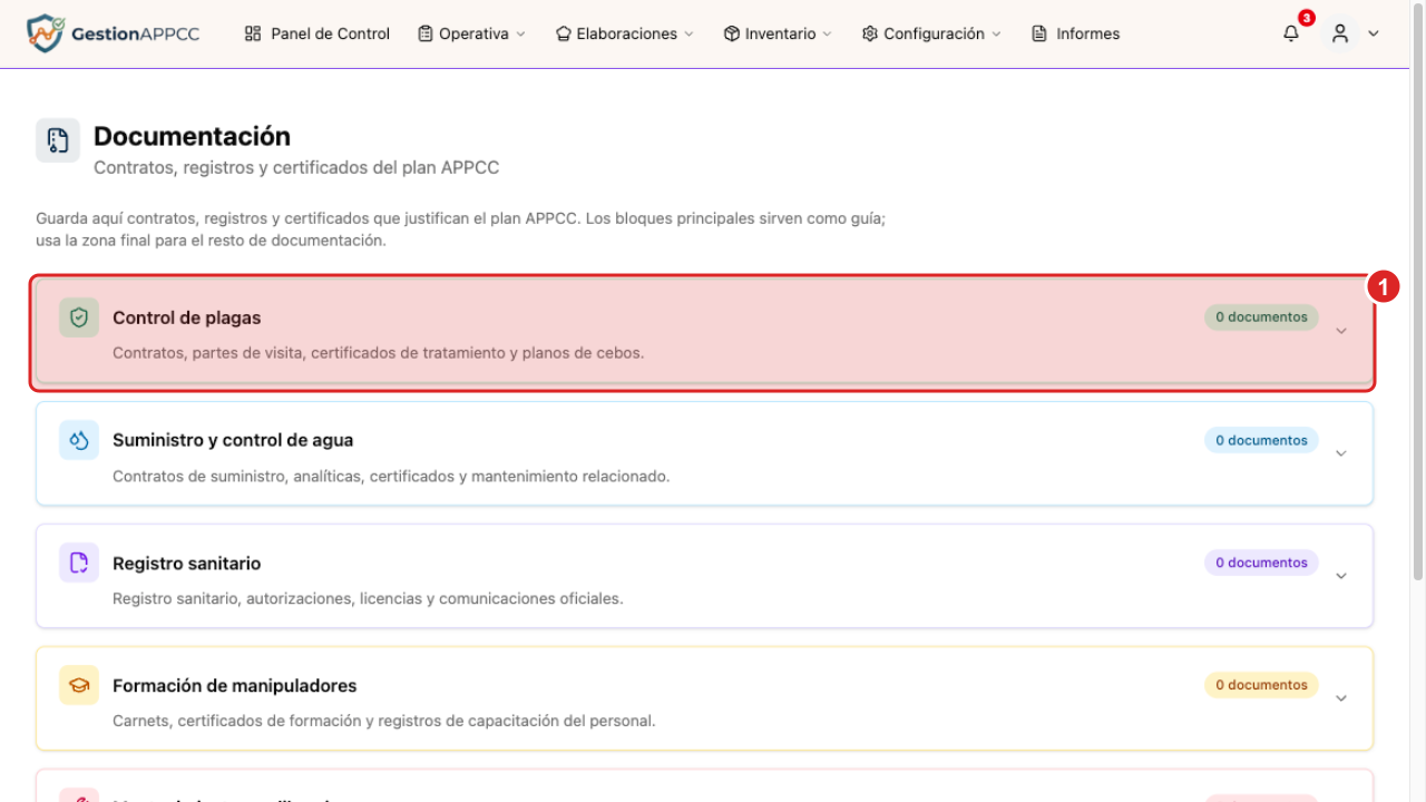 Bloques de documentación APPCC con contadores de documentos