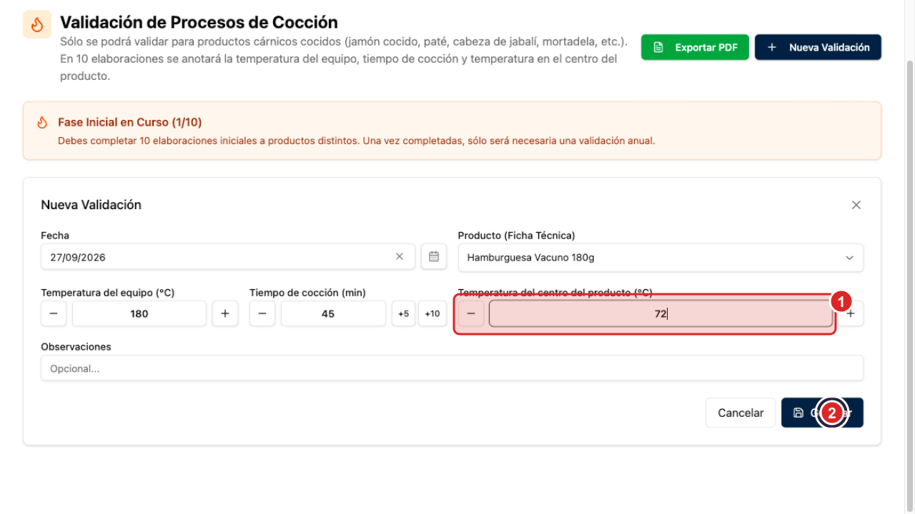 Formulario de validación de cocción relleno