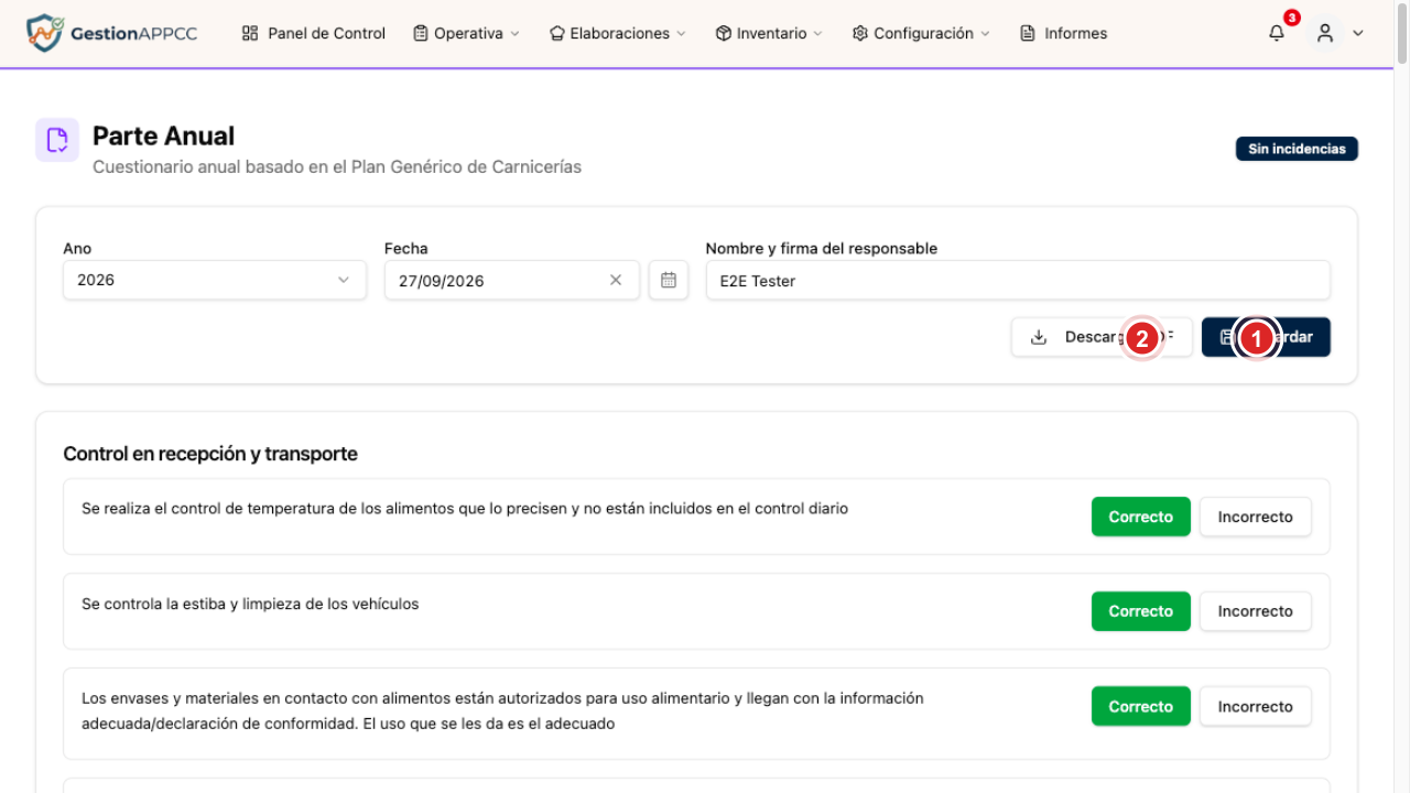 Cuestionario del parte anual con los bloques y botones
