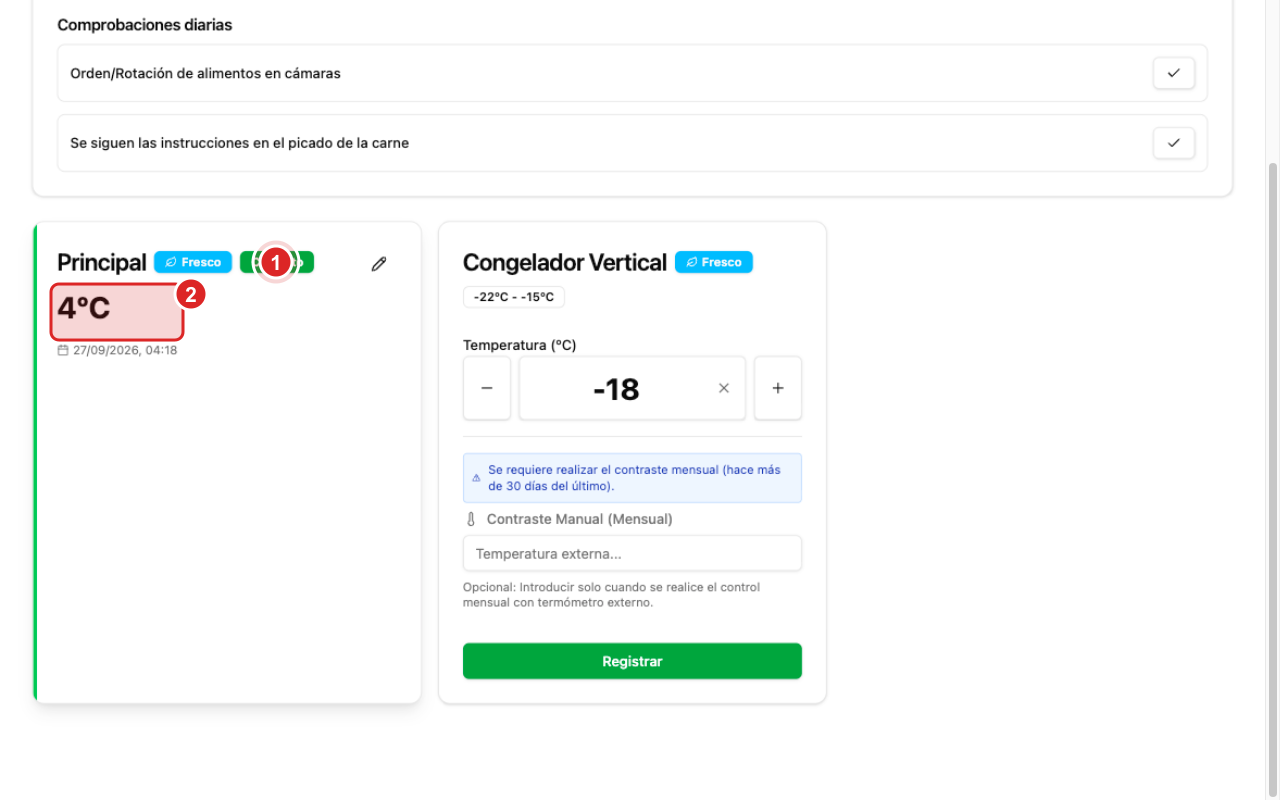 Tarjeta en verde con el estado Correcto