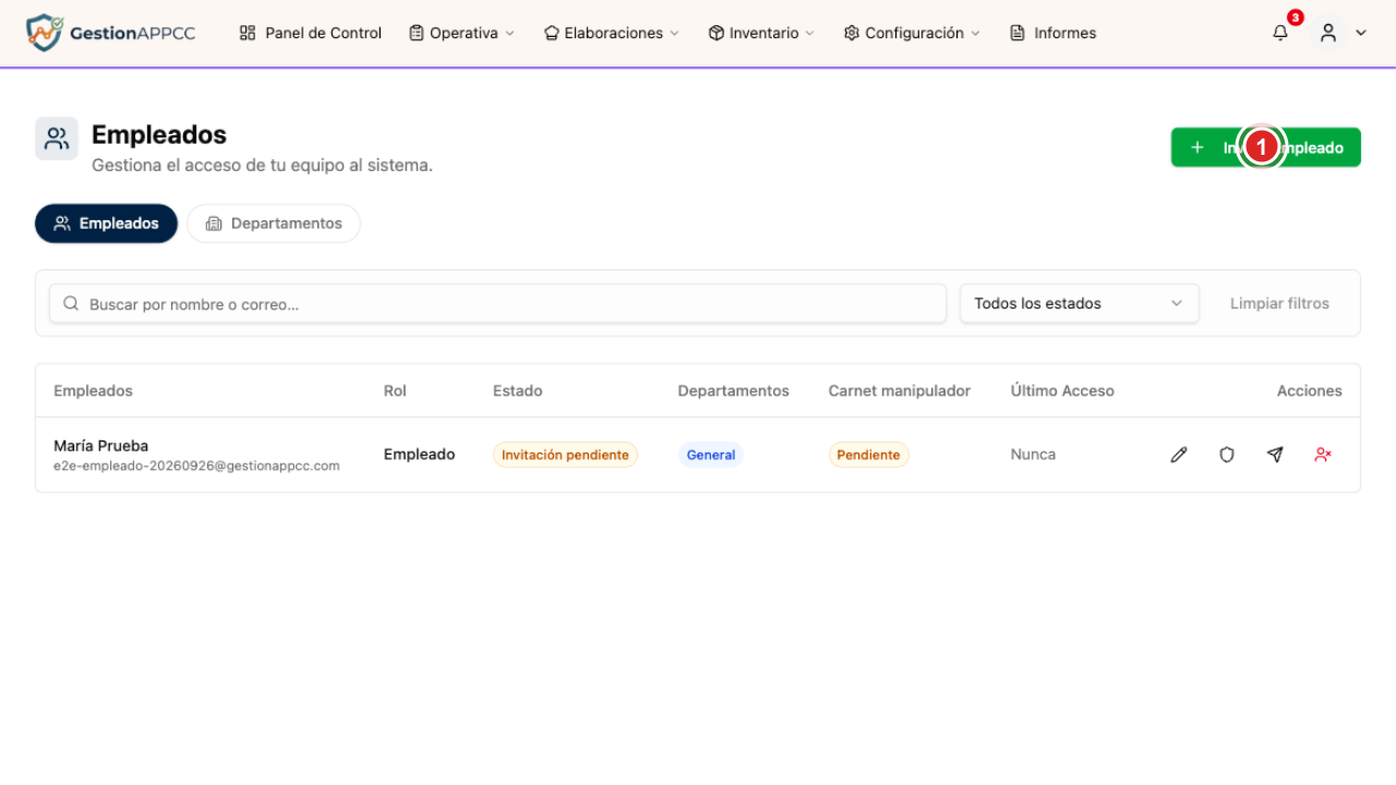 Pantalla de empleados con el botón Invitar Empleado
