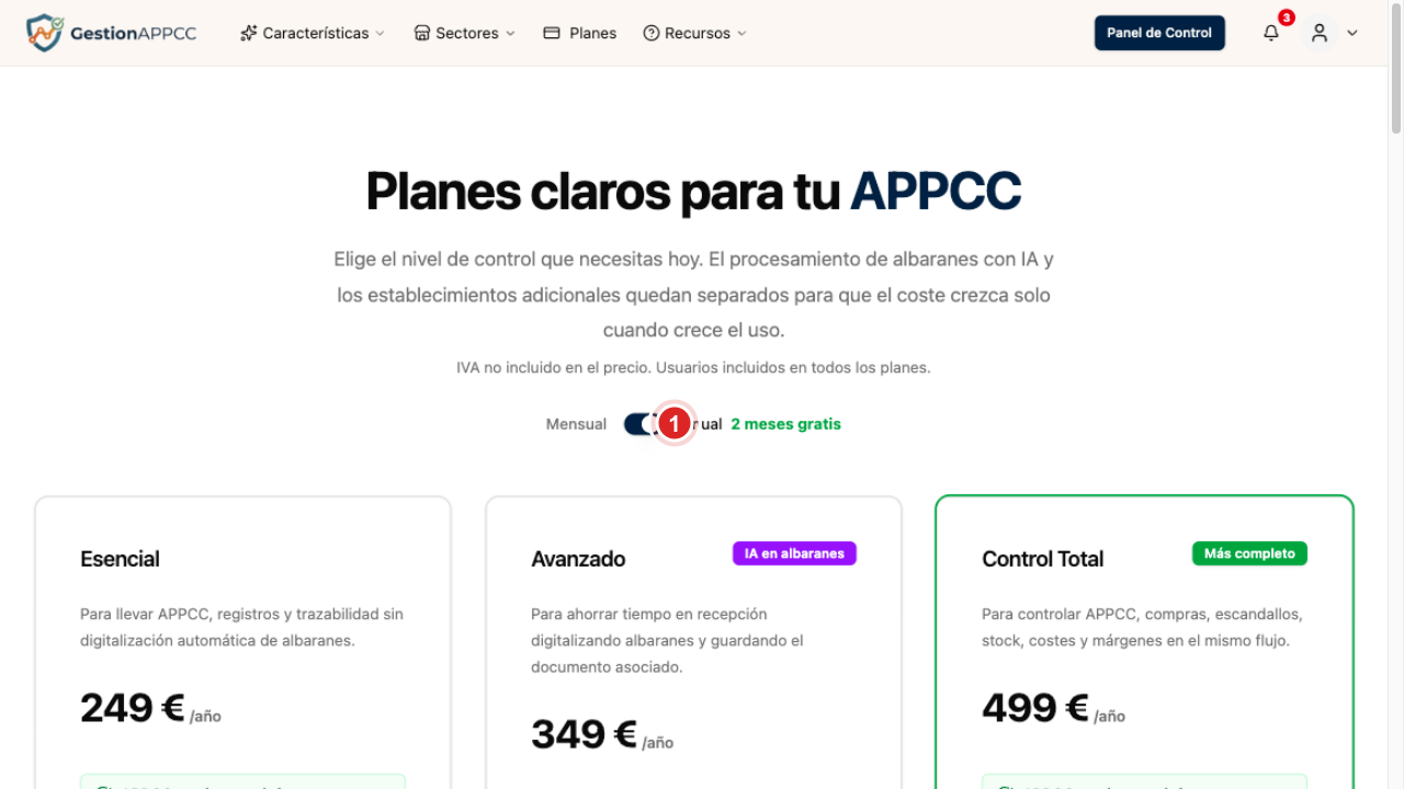 Página de planes con las tres opciones