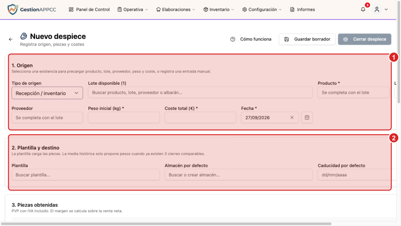 Formulario de nuevo despiece con origen y plantilla