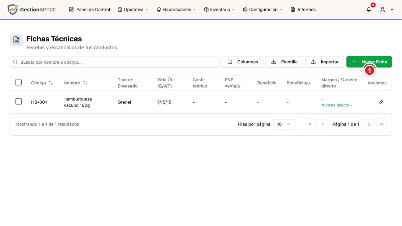 Listado de fichas técnicas con costes