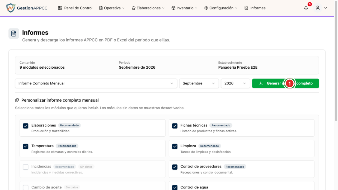 Página de informes con el botón Generar informe completo