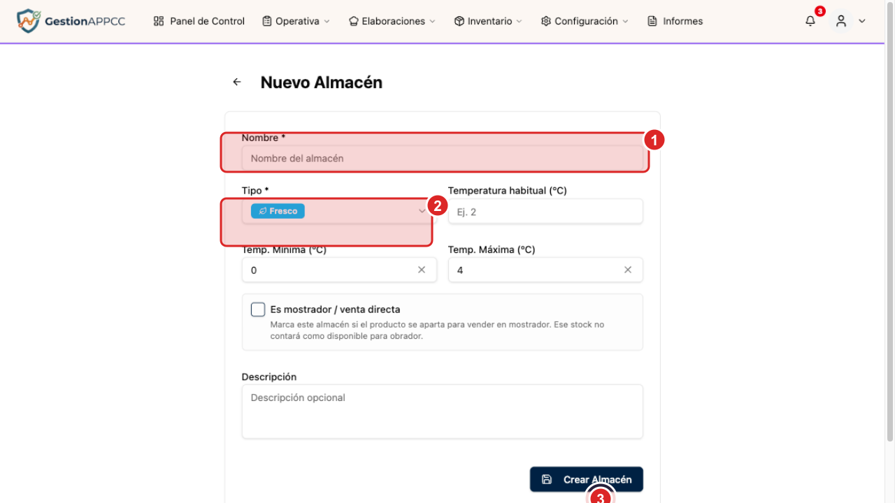 Formulario de nuevo almacén con nombre, tipo y temperaturas