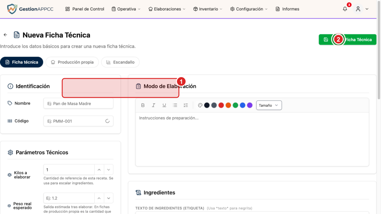 Formulario de nueva ficha técnica con identificación y modo de elaboración