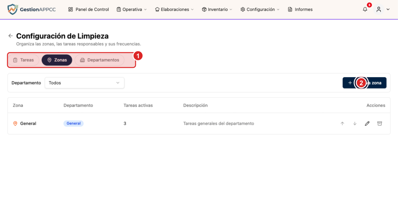 Configuración de limpieza con la pestaña de zonas