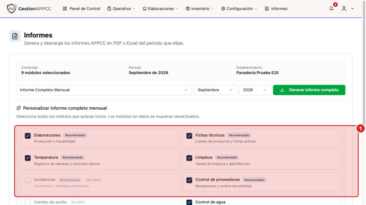 Selección de módulos del informe completo