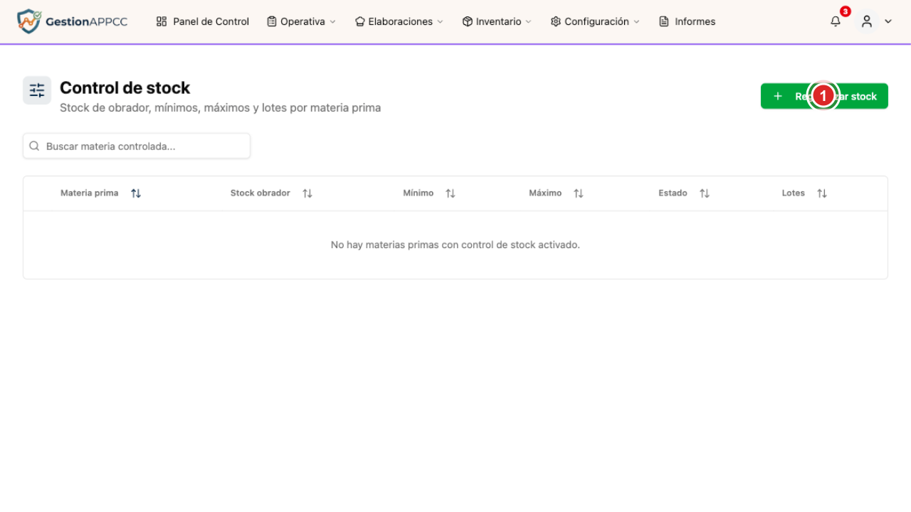 Pantalla de control de stock con el botón Regularizar