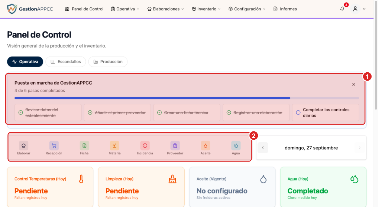 Panel de control con la puesta en marcha y los accesos rápidos
