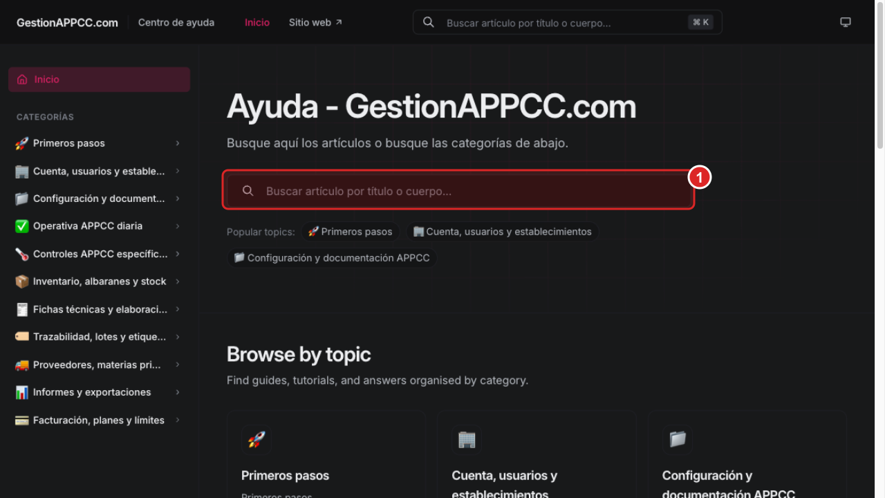 Centro de ayuda con el buscador y las categorías