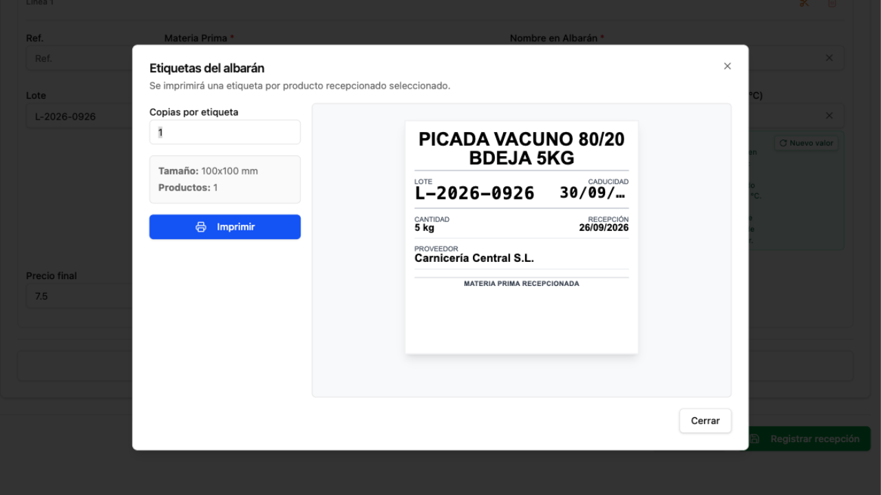 Diálogo de etiquetas del albarán con la vista previa