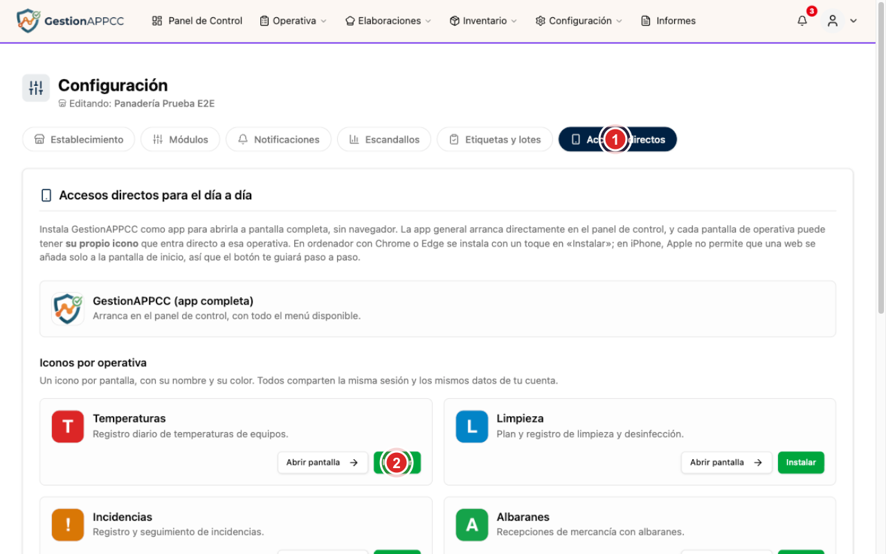 Pestaña Accesos directos con los botones Instalar