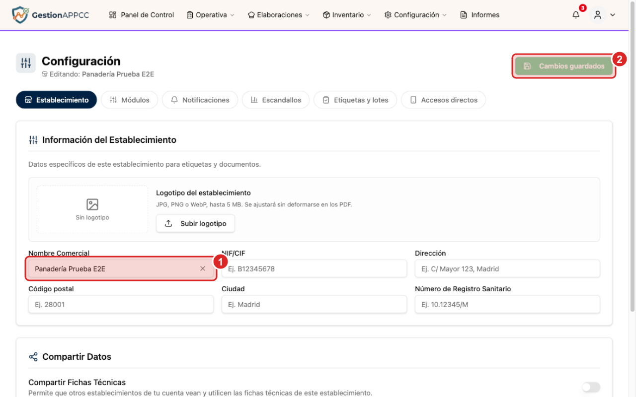 Formulario de datos del establecimiento con el botón Guardar Cambios